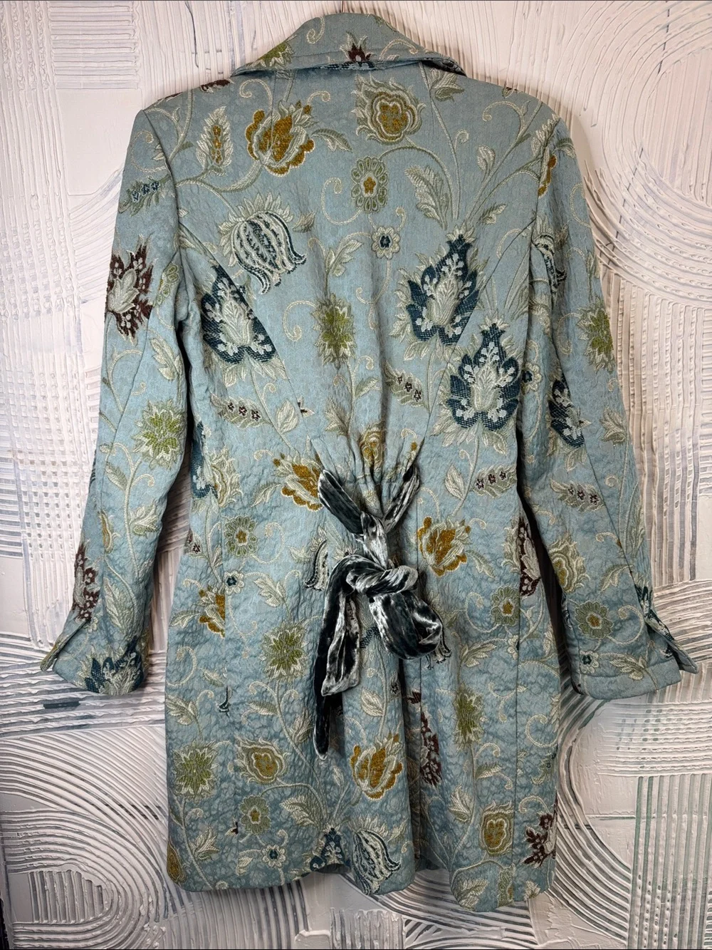 CAbi Powder Blue Floral Brocade Trench Coat